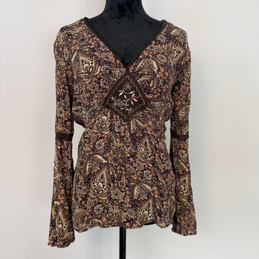 Vintage Y2K Faded Glory Paisley Bell Sleeve Top Womens M Brown Boho Fairy Grunge - Picture 2 of 7